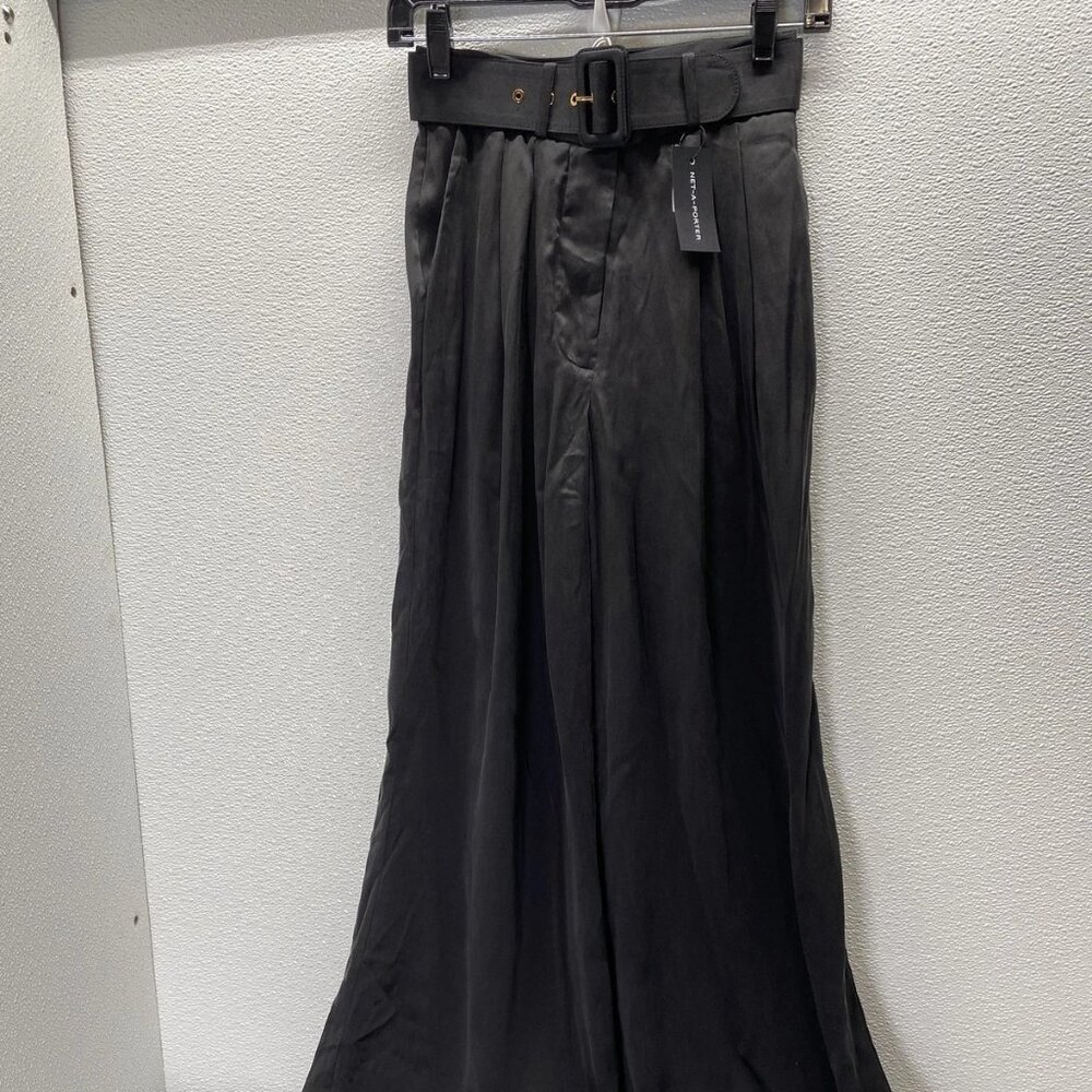 Zimmermann Pleated Silk Satin Wide-Leg Pants • Size 2P • Black • Belted